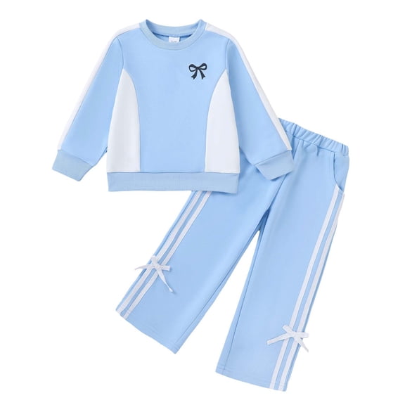 Yaoqi 3T Toddler Girl Outfit Set 4T Child Girls Clothes Long Sleeves Color Block Pullover Sweatshirt Top Bowknots Wide Leg Pants 2pcs Clothing Blue