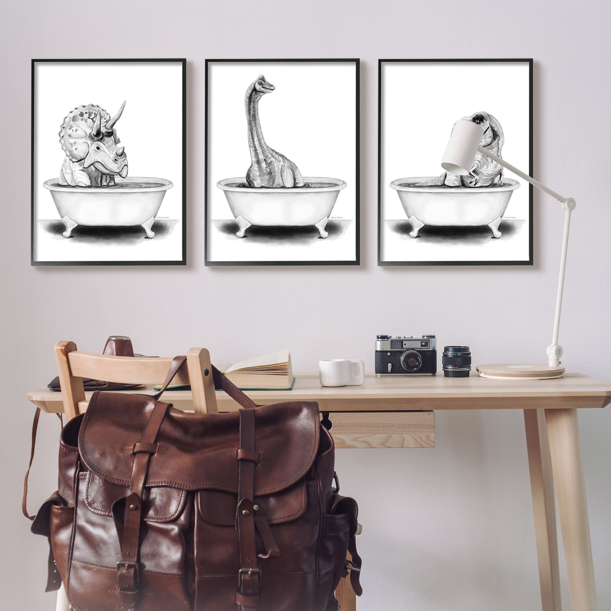 Stupell Dinosaurs Bathing Bathroom Tub Animals & Insects Painting Black Framed Art Print Wall Art, Set of 3