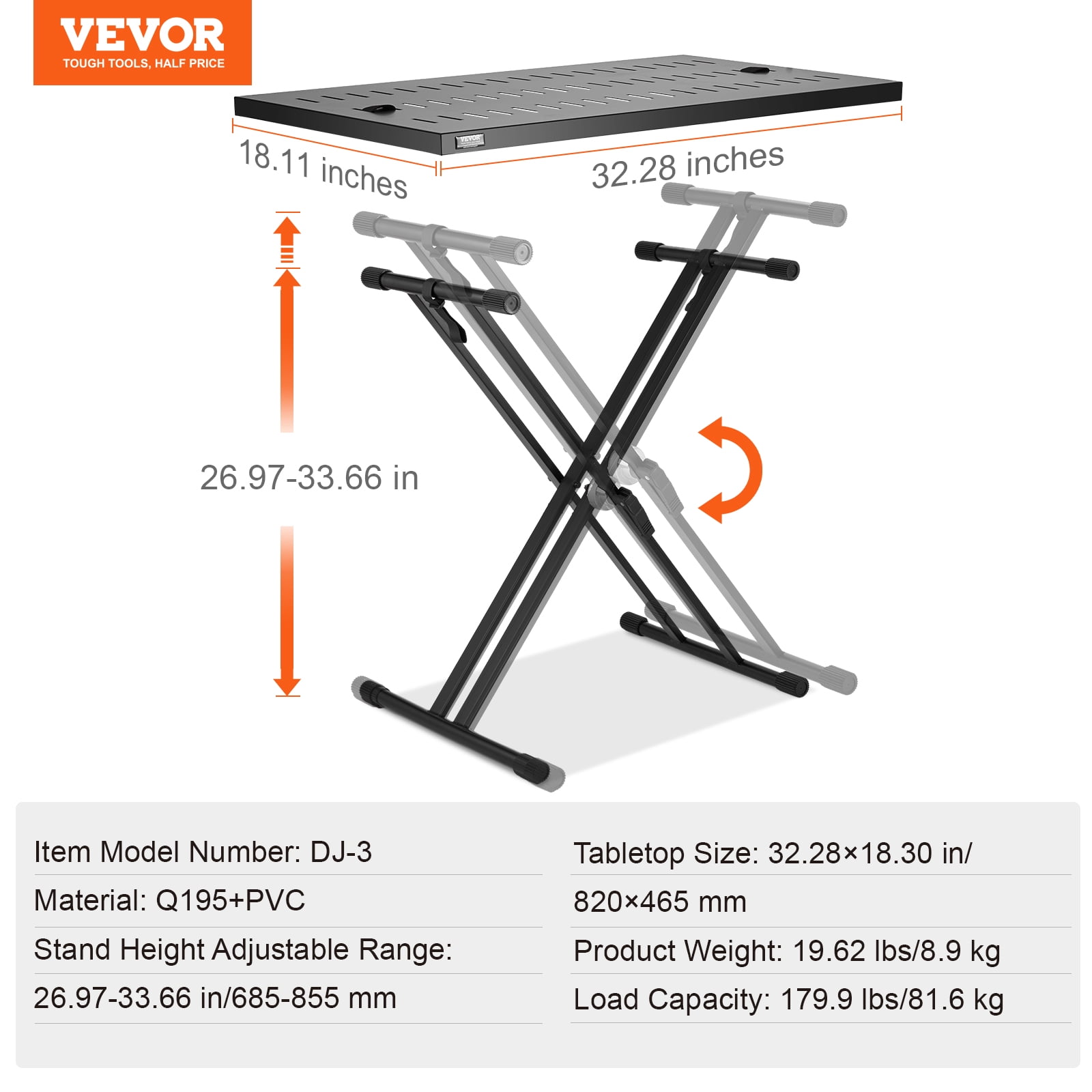 VEVOR DJ Table Stand, 32" x 20" Portable DJ Laptop and Controller Stand, Lightweight DJ Desk DJ Booth Adjustable Height DJ Stand,Foldable Double-X Braced Keyboard Stand & Tabletop,Audio Mixer Stand