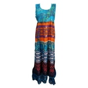 Mogul Women's Maxi Dress Blue Cotton Printed Tie Back Sleeveless Boho Style Gypsy Dresses