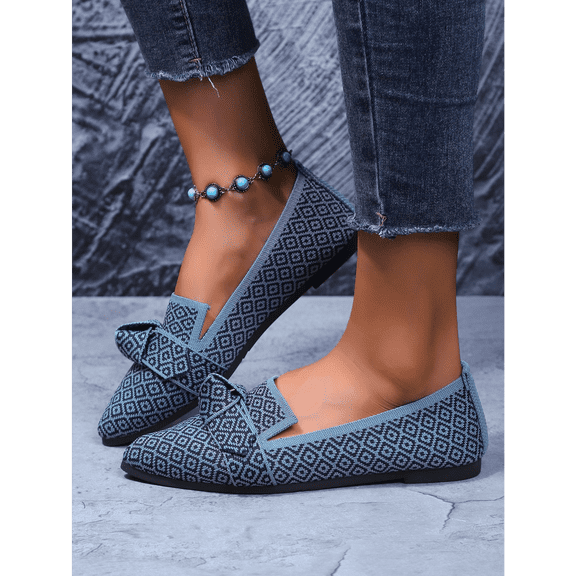 Women’s Bow Knot Geometric Slip-On Flats, Pointed Toe Lightweight Loafers, Comfortable Casual Shoes for Daily Walking, Work, Office & Travel, Easy On Off Design
