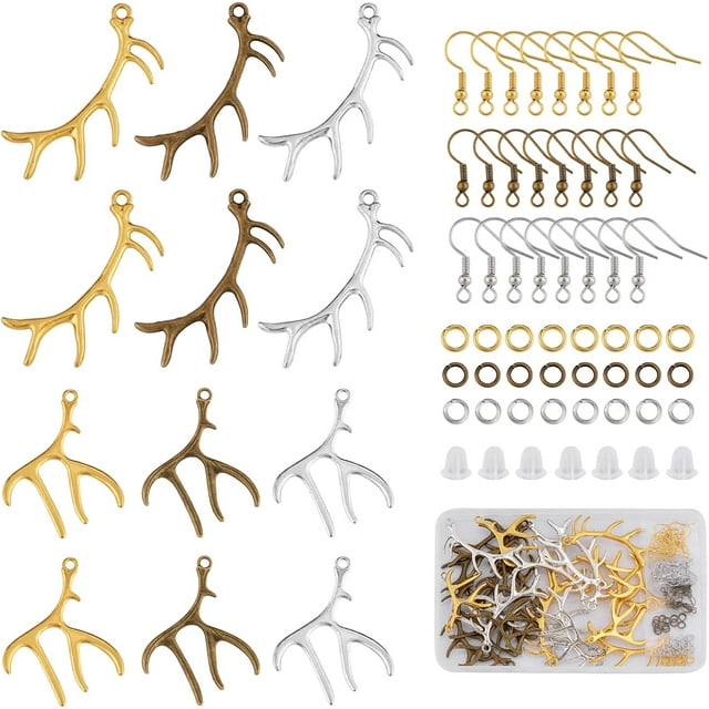 Kit para hacer aretes con dijes de cuerno de ciervo de 176 piezas, incluye colgantes grandes de aleación y ganchos de hierro para aretes, joyería y manualidades.