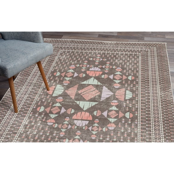 Geometric Area Rug, Modern Abstract Design Print of Half Rounds and Triangles in Grunge, Soft Carpet for Living Room Decor with Distressed Look, 6.6' X 9.6', Cocoa Coral Mint Green, by Ambesonne