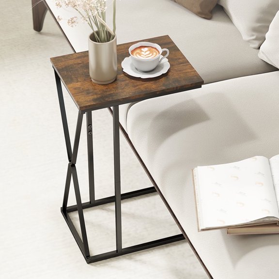 Manxile C Shaped Side Table, Small End Table for Small Places Living Room Bedroom, Rustic Brown Finish