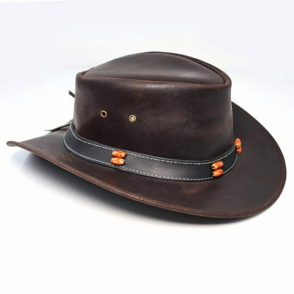 StellMan Outback Leather Bush Hat – Handcrafted Cowboy Hat with Beaded Band – Western Style for Men & Women