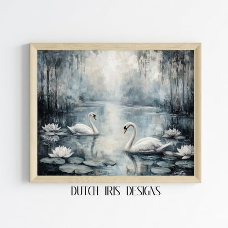 Vintage Swan Lake Scene, Moody Water Landscape, Rustic Cottagecore Decor, Tranquil Lake Art, Wall Art For Home 601 Home Decor #1925, Unframed Poster Size 8x12