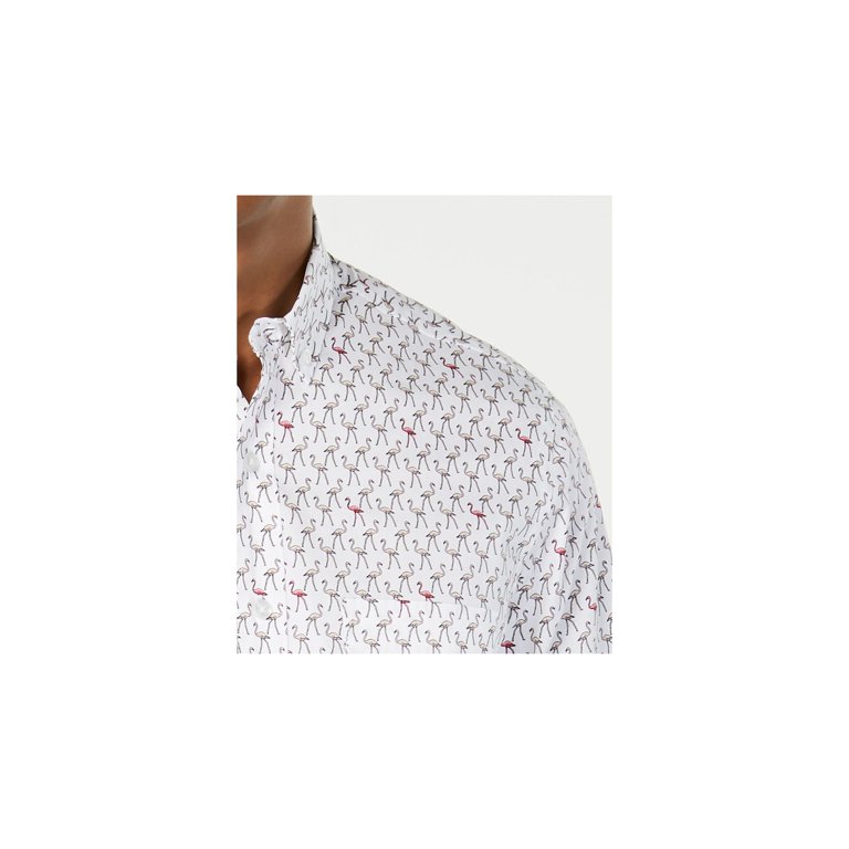 Club Room Mens Flamingo Print Short Sleeve Button-Down Shirt White