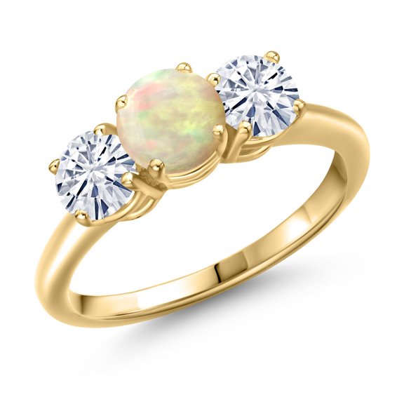 Gem Stone King 18K Yellow Gold Plated Silver White Ethiopian Opal and White Moissanite Engagement Ring for Women | 1.56 Cttw | Round Cabochon 6MM | Gemstone October Birthstone | Size 7