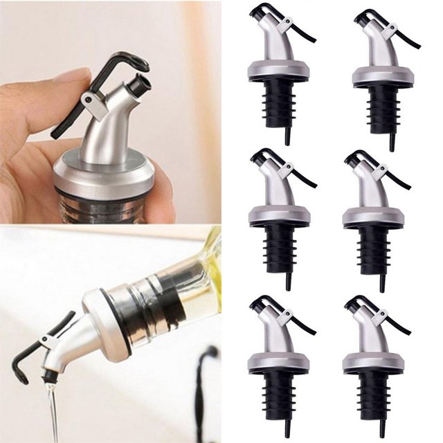 6 uds tapón de boquilla para verter botellas de Alcohol boquillas para verter aceite de oliva con tapón de goma dispensador de boquilla de vino tapa dosificadora plateada