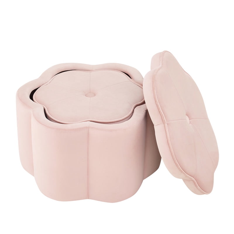 Set of 2 Storage Ottomans, Flower-Shaped Petal Ottoman, Upholstered Velvet Vanity Stool for Living Room & Bedroom, Pink