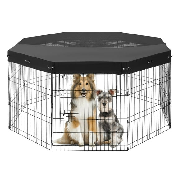 8-Panel Foldable Dog Playpen - 30" Tall Metal Exercise Pen with Top Cover - Indoor/Outdoor Pet Enclosure