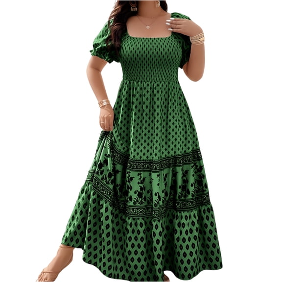 LWavelet Women's Plus Size Boho Maxi Dress Puff Sleeve Square Neck Smocked Geometric Print Dress Green 2XL