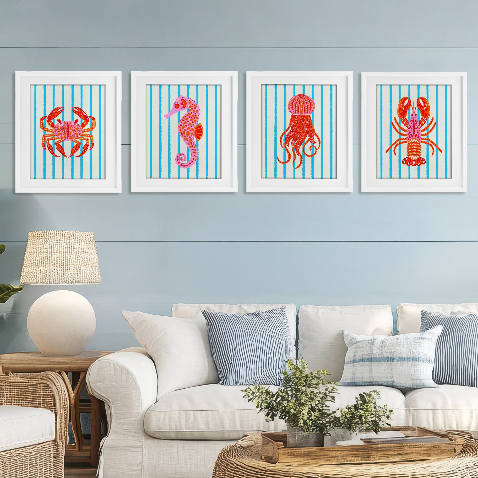 Stupell Industries Bright Sea Creatures on Stripes 4 Piece White Framed Print Under Glass Set, design by Indira Prieto | IndySign
