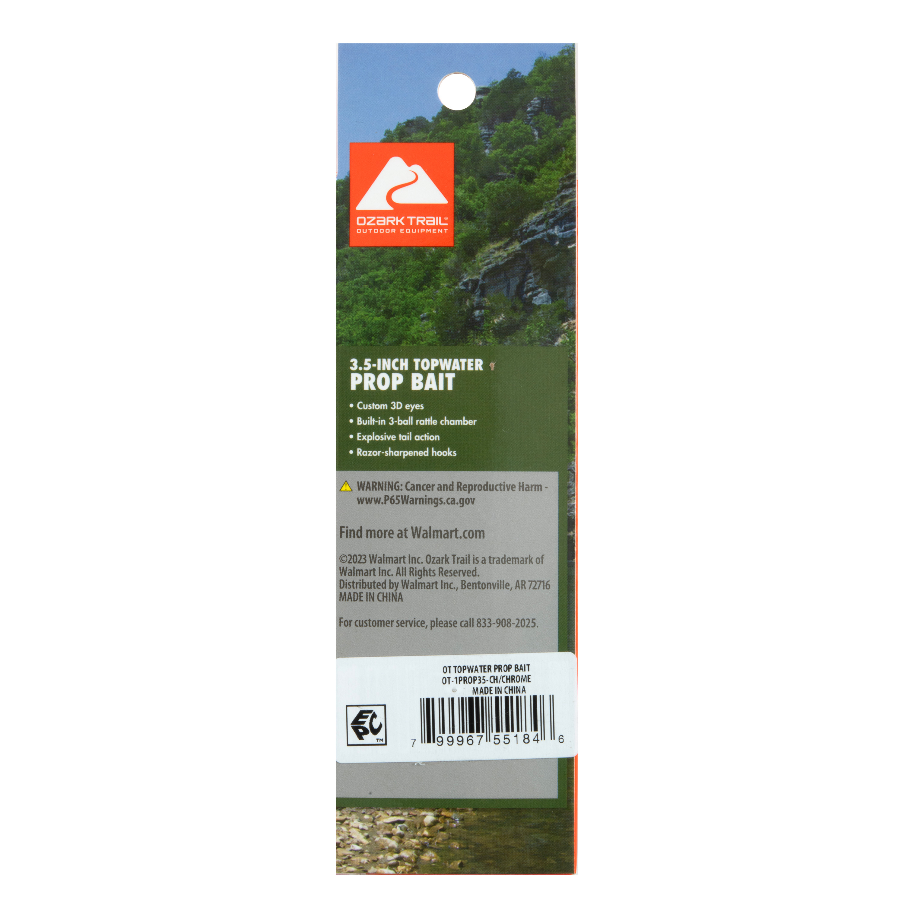 Ozark Trail 3.5" Topwater Prop Bait Fishing Lure for Bass, Pike, and Musky, Soft and Hard Plastic, Chrome Color