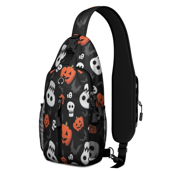 Sling Backpack,Black Halloween Pumpkin Faces Crossbody Bag with Water Bottle Holder,Waterproof Sling Bag for Men/Women with Chest Phone Holder for Hiking,Travel