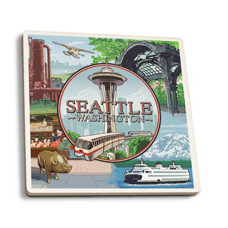 

Seattle Washington Scenes Montage (Absorbent Ceramic Coasters Set of 4 Matching Images Cork Back Kitchen Table Decor)