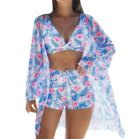 Wyobmus Women s 3 Piece Swimsuit Sets High Waisted Bikini Set With Shorts Bathing Suit With Summer Beach Sunscreen Cover Up Containing Chest Pad D-Purple