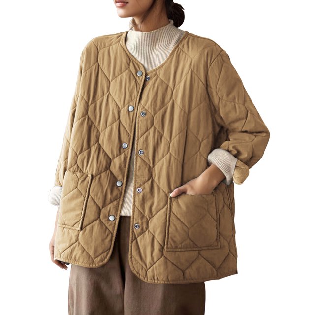 Women's Solid Color Round Neck Metal Button Plus Size Lightweight Coat Jacket Outerwear For Cold Weather