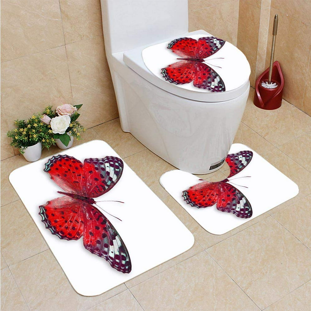 CHAPLLE Red Butterfly 3 Piece Bathroom Rugs Set Bath Rug Contour Mat