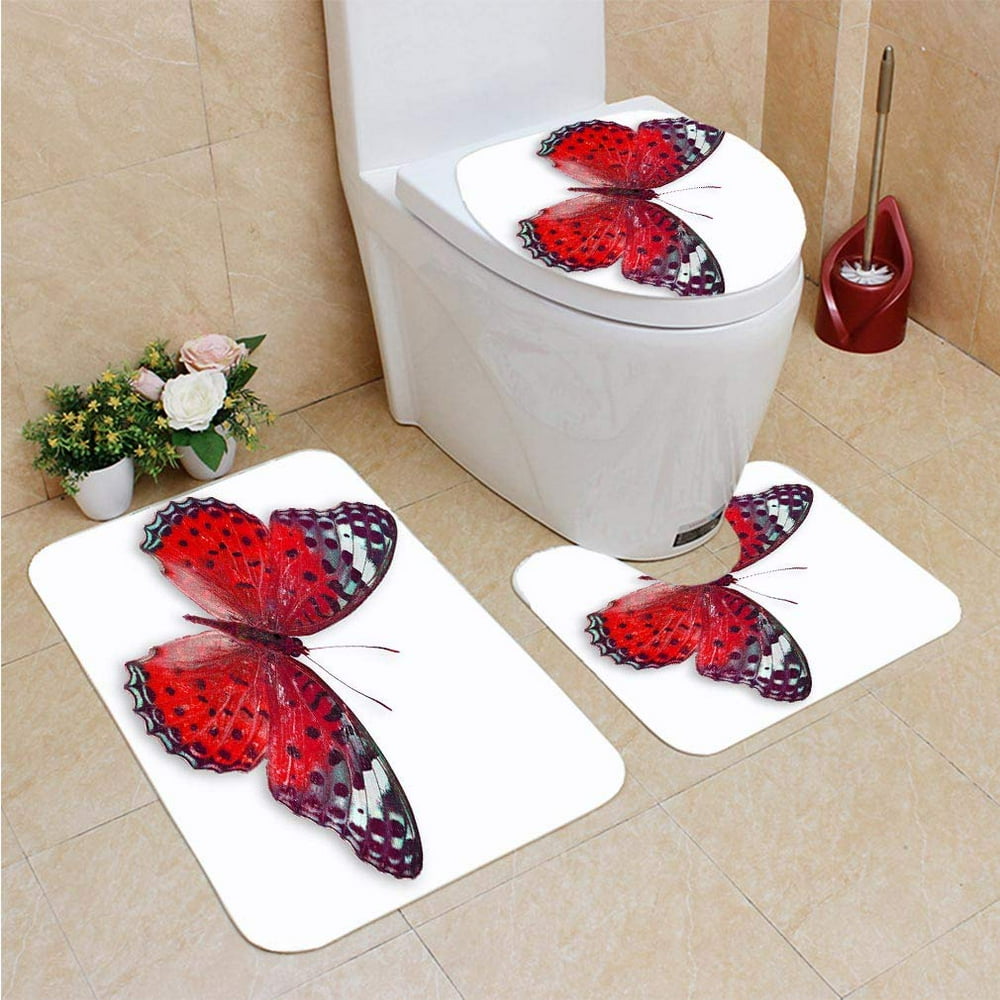 CHAPLLE Red Butterfly 3 Piece Bathroom Rugs Set Bath Rug Contour Mat ...