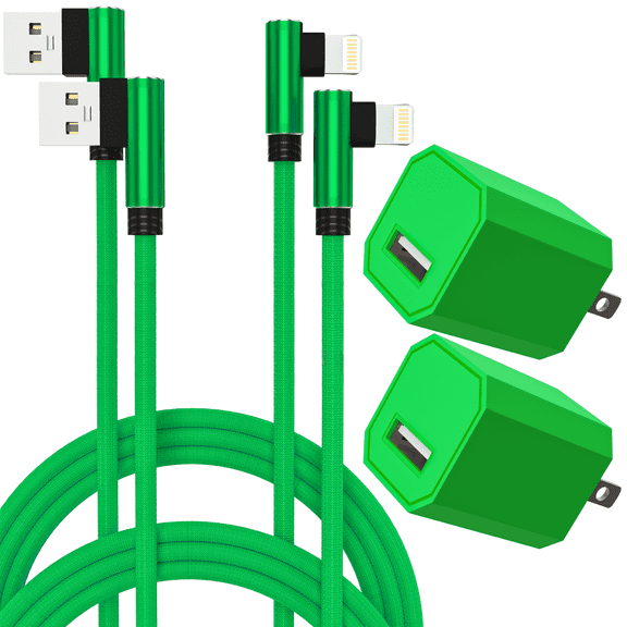 ACE Fast Extra Long Right Angle Nylon Braided 10ft Cables with 2 Pack 1 Port Power Adapter Wall Plug Block for iPhone13/12/11/XS/XR/SE/7/8/8 Plus/AirPods（Green）
