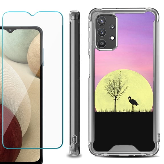 Shockproof Bumper Phone Case for Samsung Galaxy A32 5G, with Tempered Glass Screen Protector, by OneToughShield ® - Moonlight Flamingo