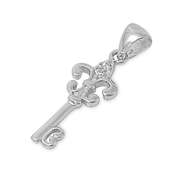 Sterling Silver Fleur De Lis Vintage Style Key Pendant Clear Cubic Zirconia Charm Jewelry Female