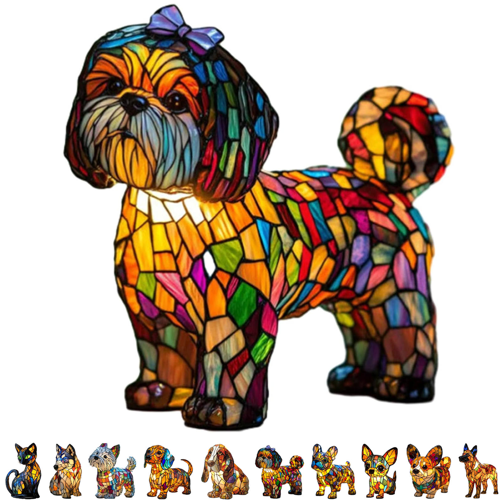 GITpooo Stained Glass Lamp,Dog Lamps Stained Glass Lamp,Cute Pet Dogs Themed LED Table Lamps,Stained Resin Tabletop Night Light,Dachshund Schnauzer Corgi Pug Boxer Dog