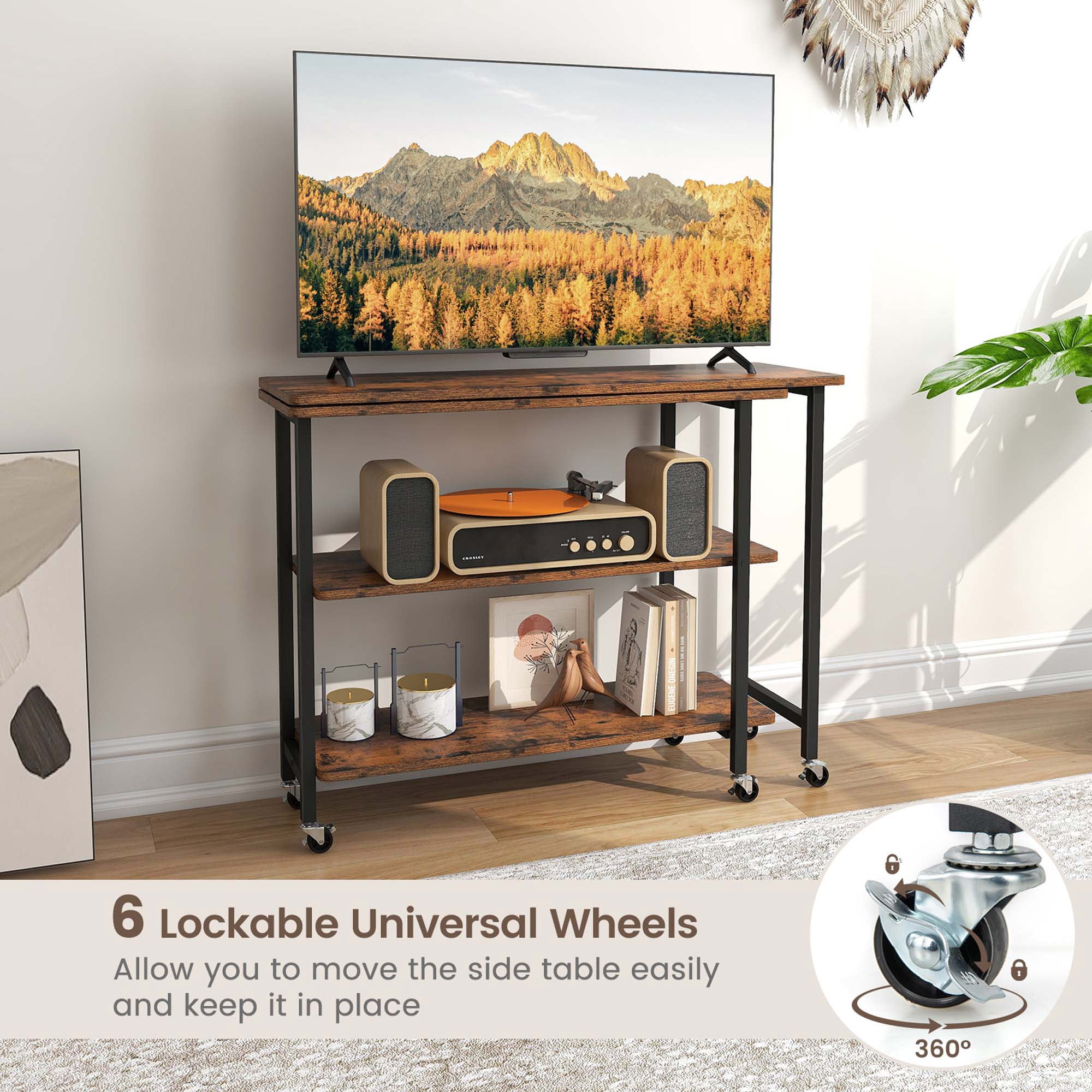 Costway 360° Rotatable Sofa Side Table L-shaped Laptop Desk Snack Table with 2-Tier Shelf Patented Rustic Brown
