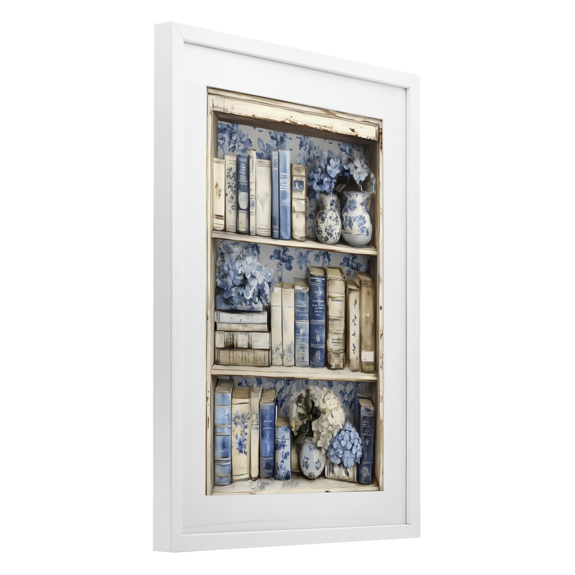 Stupell Industries Blue & Beige Bookcase White Framed Print Under Glass, design by LSR Design Studio