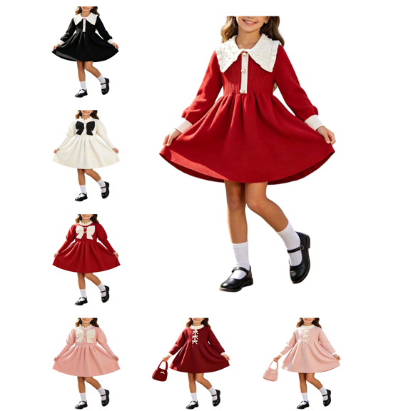 Busydd Girls Knit Long Sleeve Dress 1-8 Years Fashion Comfy Solid Color A Line Fall Dress Casual Cute Knee Length Girls Sweater Dresses 1-2 Years