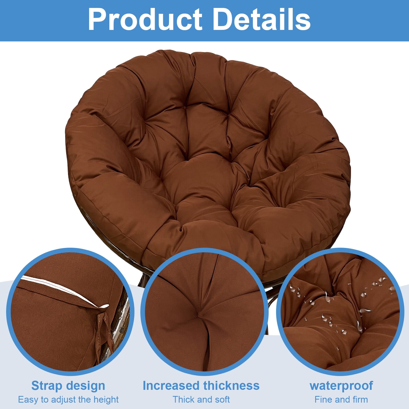 JIAN YA NA Indoor Outdoor Papasan Cushion, 47-inch Hanging Egg Chair Cushion Replacement (Without Chair), Chocolate