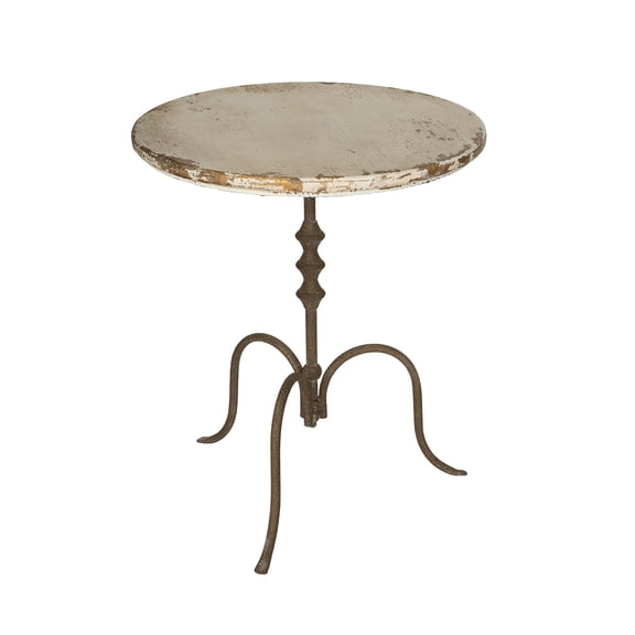 A&B Home Round Side Table with Distressed White Top, Subtle Gold Accents, and Bronze Iron Base
