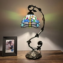 Tiffany Table Lamp Dragonfly Blue Stained Glass Iron Metal Leaves Bronze Base LED Bulb Included for Living Room Dining Room Bedroom Bedside Office Hotel H21*W11