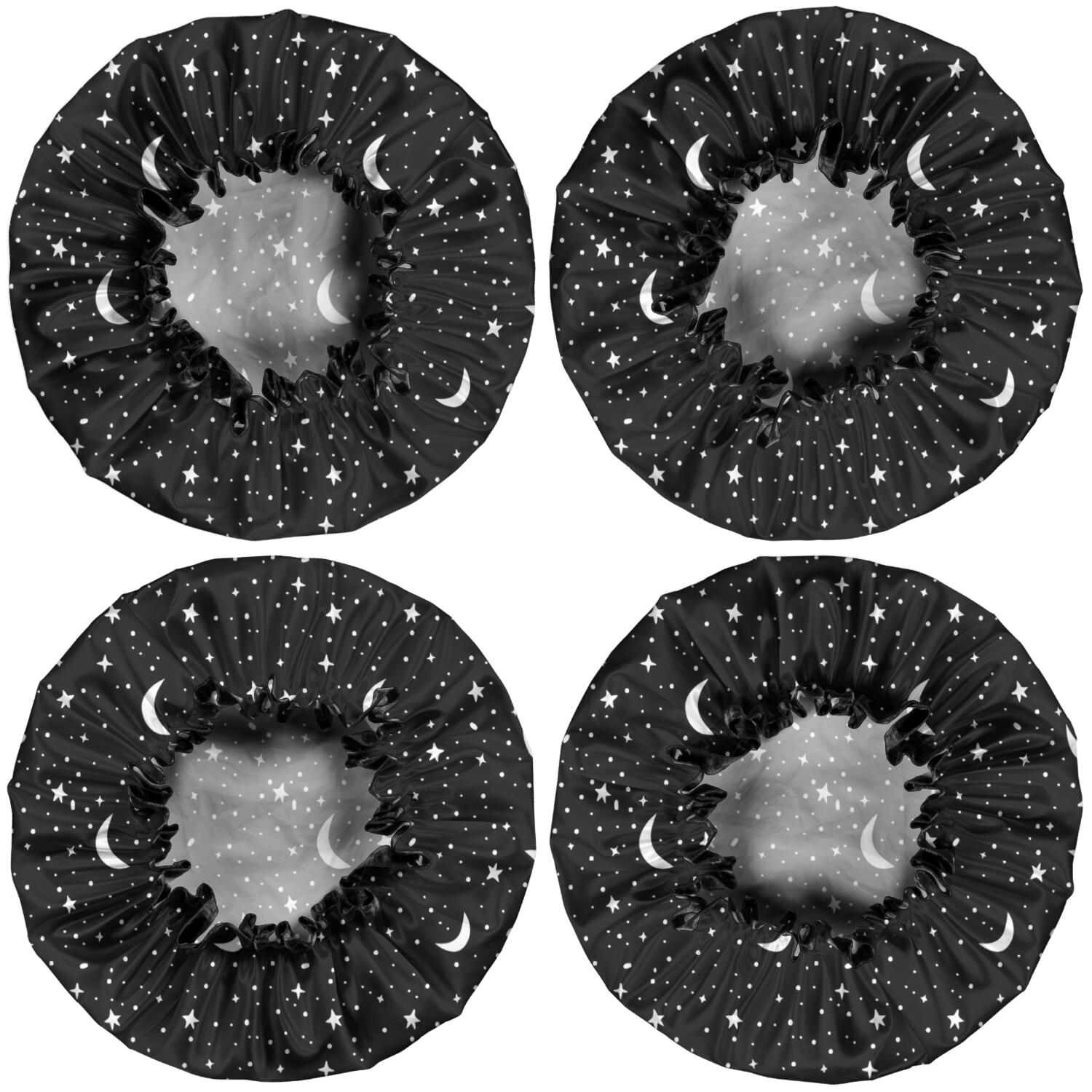Shower Caps,Black Star Moon Pattern Waterproof Shower Cap for Women 4 Pieces,Double Reusable Hair Cover for Shower PEVA Elastic Stretch Hem