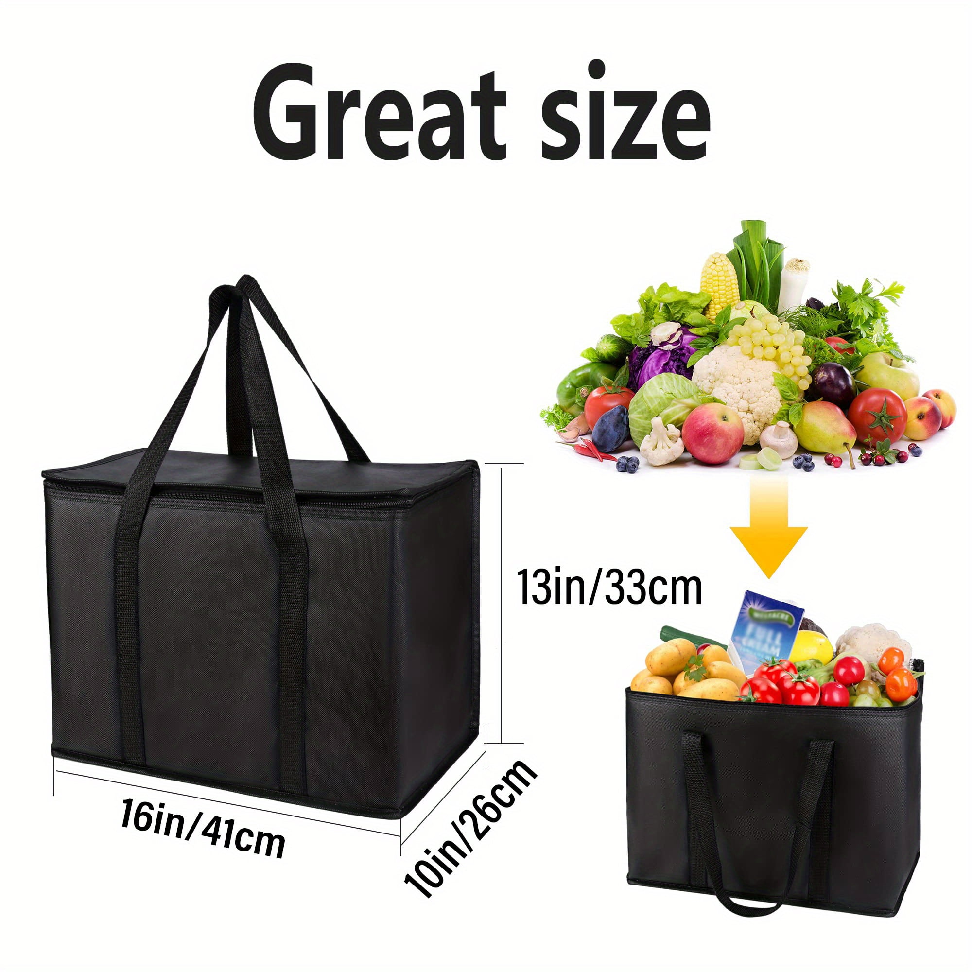 1pc Zylog Large Insulated Grocery Shopping Bag Black Reusable Bag Thermal Zipper Foldable Tote Cooler Food Transport Hot Cold Camping