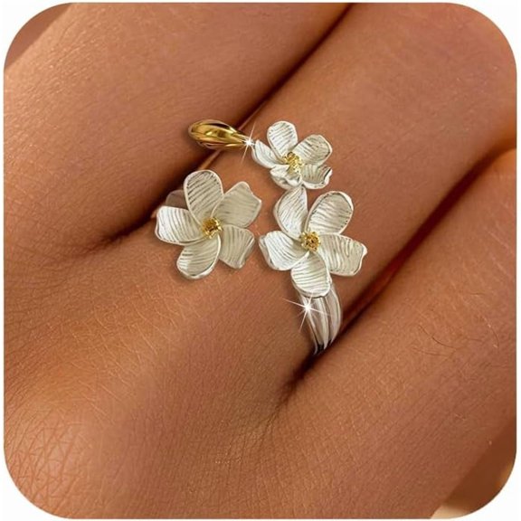 925 Sterling Silver Flower Rings for Women Dainty 14k Gold Plated Adjustable Open Three Floral Statement Ring Non Tarnish Trendy Promise Ring Jewelry Birthday Gifts for Mom Daughter
