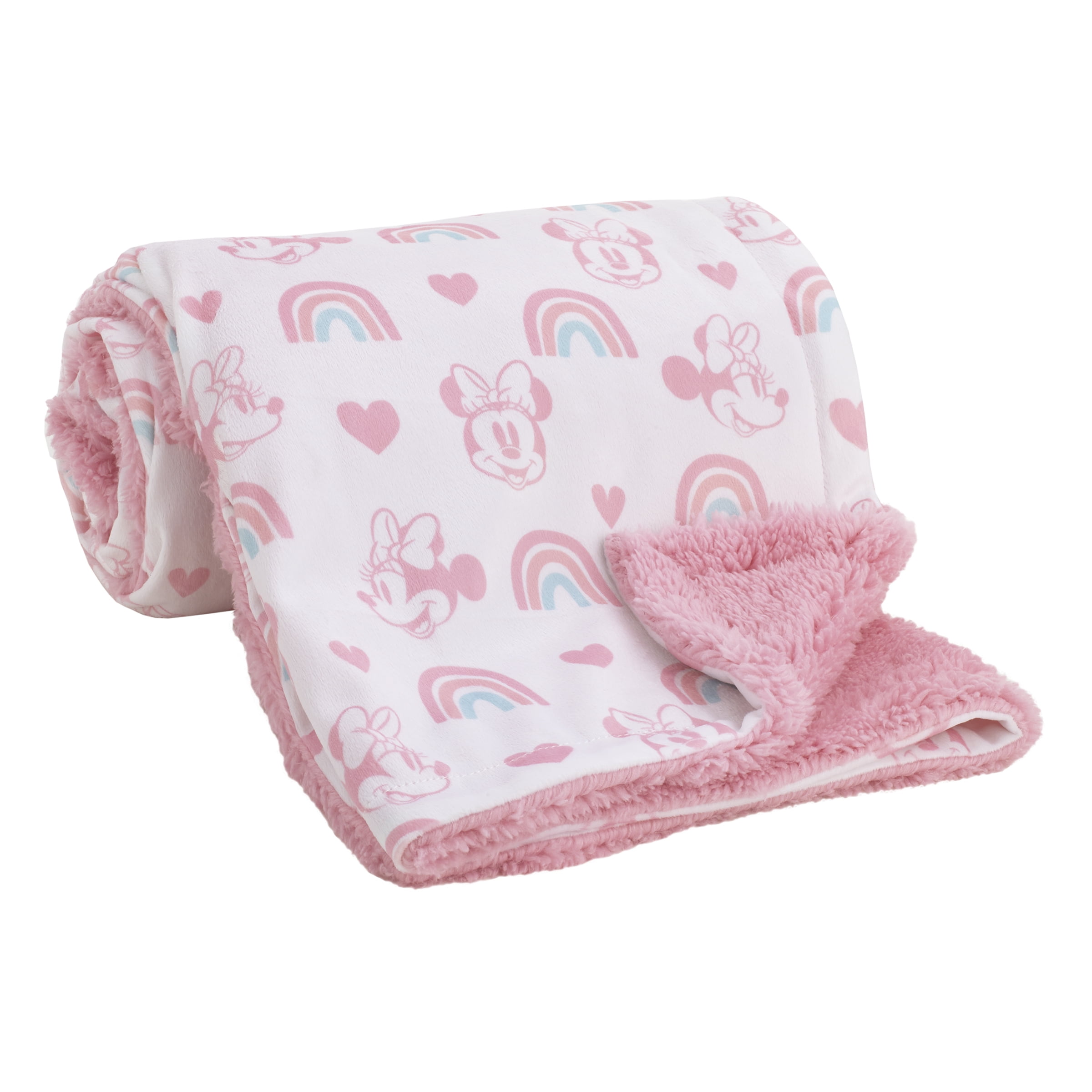 Disney Minnie Mouse White, Pink, and Aqua Rainbow and Hearts Blanket