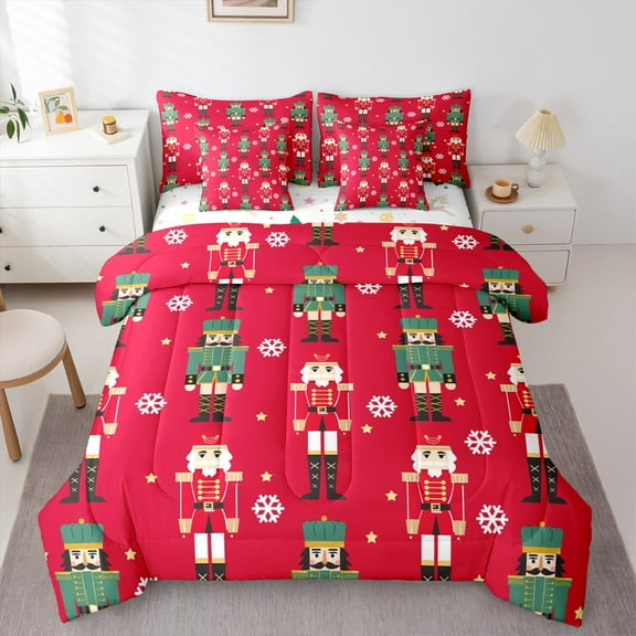 jejeloiu Happy New Year Twin Bedding Sets 7-Piece,Red Green Bedding Comforter Set,Christmas Nutcraker Soldier Sheet Sets For Teens,Ultra Soft Home Decor Reversible