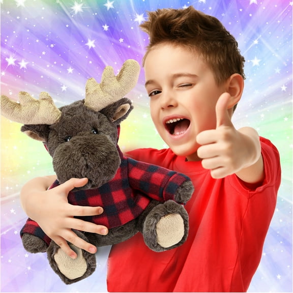 DolliBu Super Soft Moose Stuffed Animal with Plaid Red Hoodie Sweater - Cute Moose Plush Lumberjack Stuffed Toy with Plaid Jacket Animal Hoodie Dress Up for Christmas, Holiday, Winter - 10 Inches
