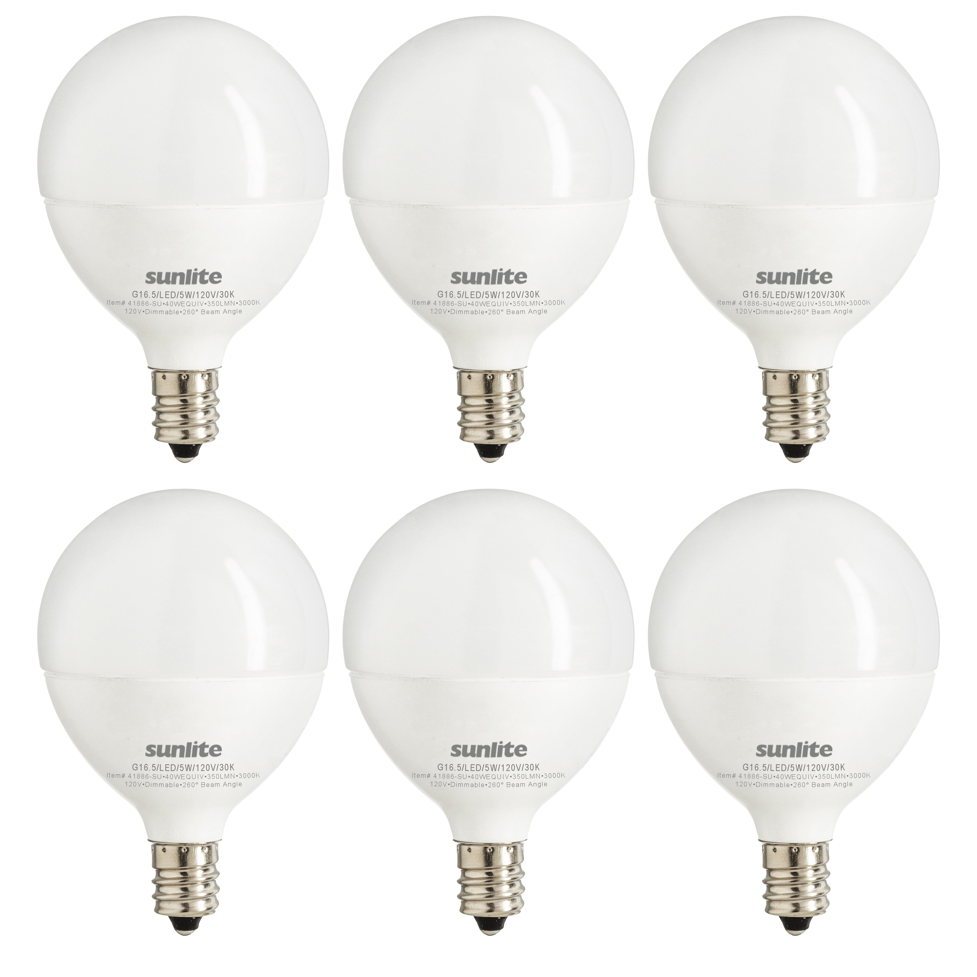 Sunlite G16.5 Light Bulb, LED, 5W (40W Equiv.), 350 Lumens, Dimmable, E12 Base, 3000K, Frosted, 6 Ct, ETL