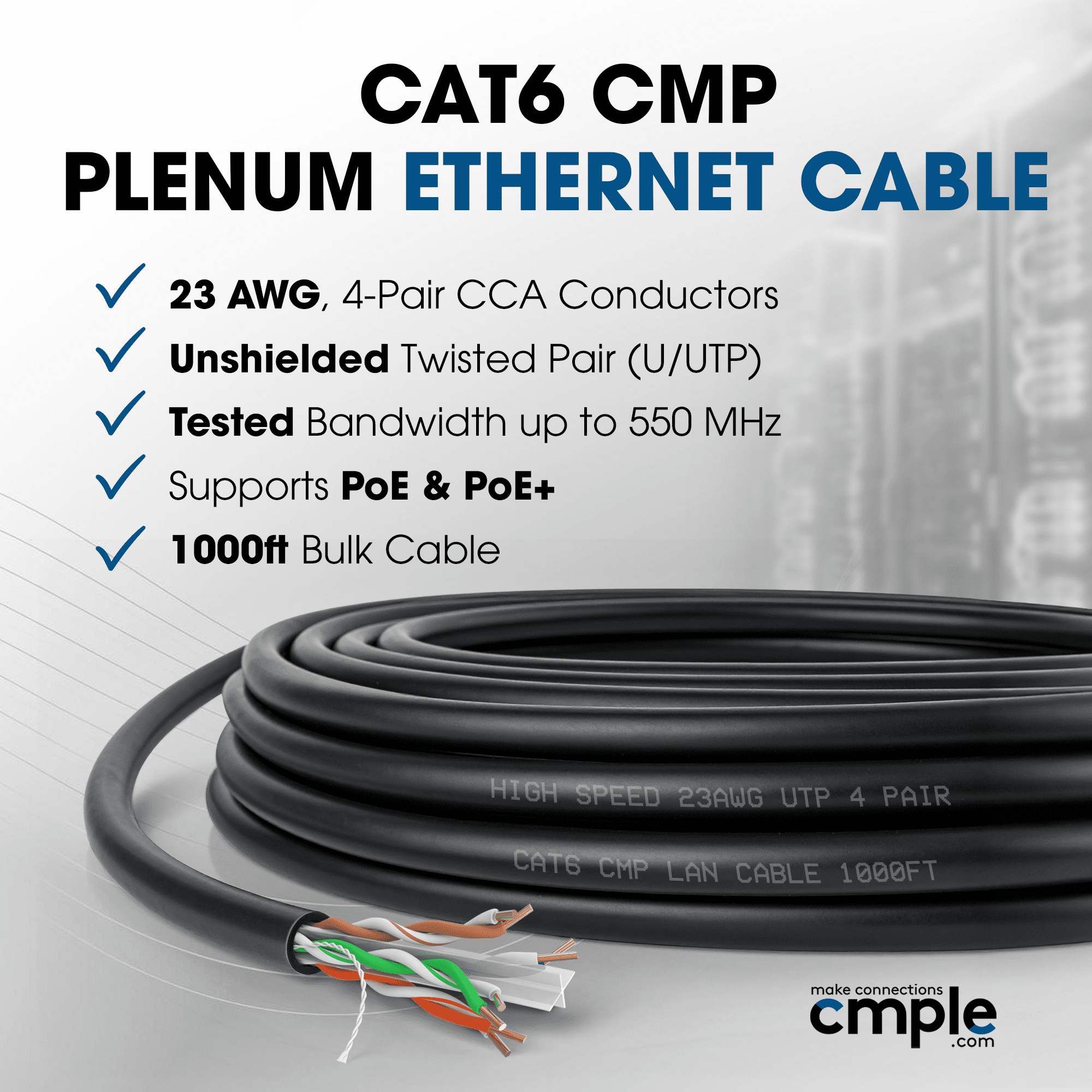 Cmple Cat6 Ethernet Cable 1000ft Plenum CMP 23AWG 550MHz UTP Solid 10Gbps PoE In-Wall Rated Bulk LAN Network Cable DSX-8000 Tested Pull Box - Black