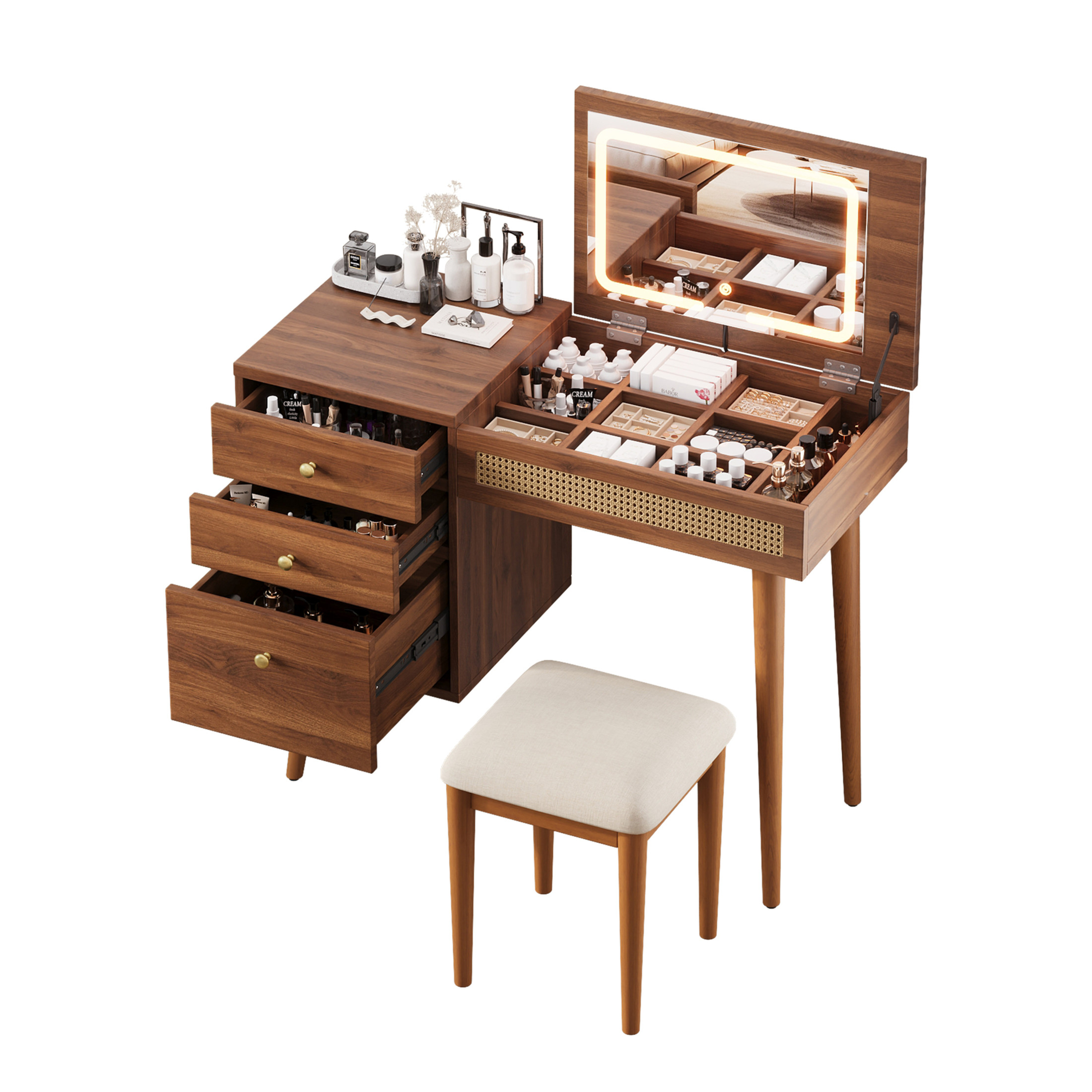 Noble House 39"  Vanity Desk with LED Lighted Mirror, Flip-Top Design, 3 Drawers and 10 Compartments,Walnut
