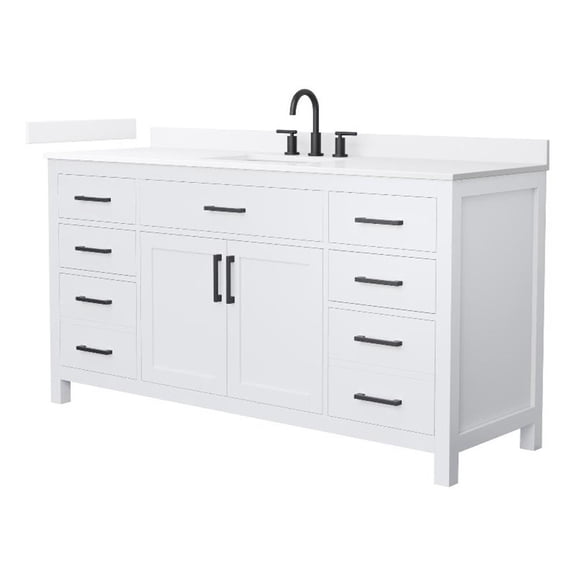 Beckett 66" White Single Vanity & White Quartz Top (3-Hole) & Black Trim
