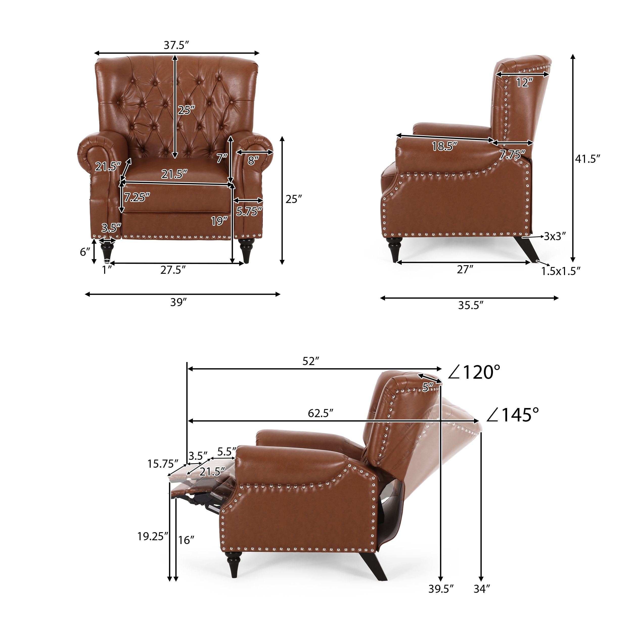 Noble House Waldron Faux Leather Tufted Recliner with Nailhead Trim, Cognac Brown Faux Leather and Espresso