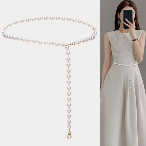 Pebbuoy Pearl Chain Belt for Women Fashion Single Layer Waist Chain Retro Faux Pearl Belt Dress Accessory Adjustable Waist Chain