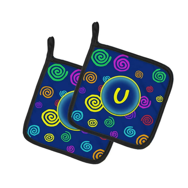 ""Caroline'S Treasures Monograma Inicial De La Letra U - Remolinos Azules Par De Agarraderas Cj1011-Upthd 7.5Hx7.5W Multicolor""