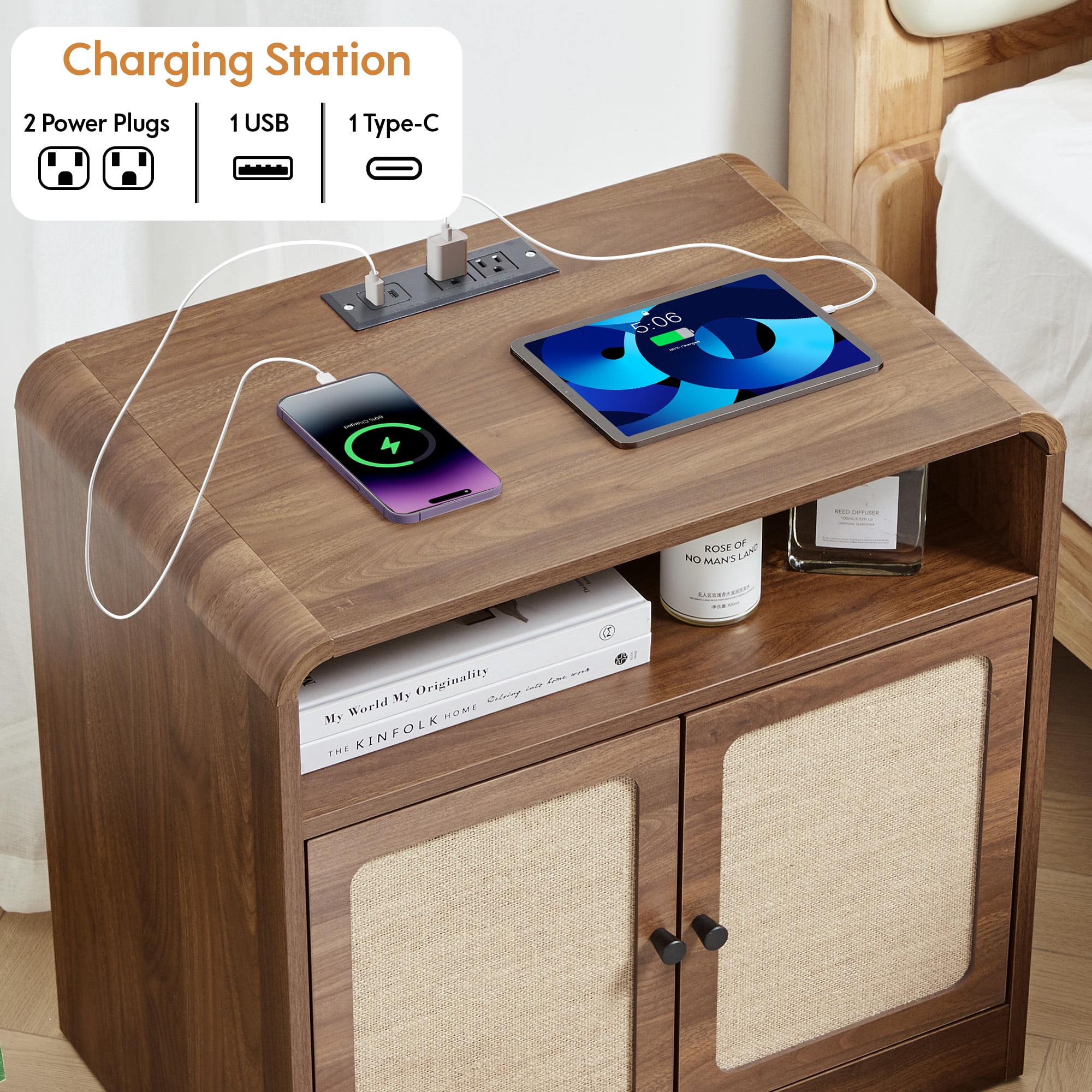 Wirrytor Farmhouse End Table with Charging Station and 2 Doors, Storage Shelf Nightstand for Living Room Bedroom, Modern Side Table with Rounded Corners and Black Metal Legs