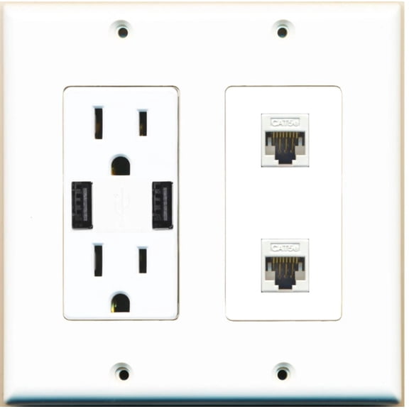Ultra Spec Cables 2 Port Cat5e Ethernet F-F Wall Plate w/2 USB-Charger Power Outlet