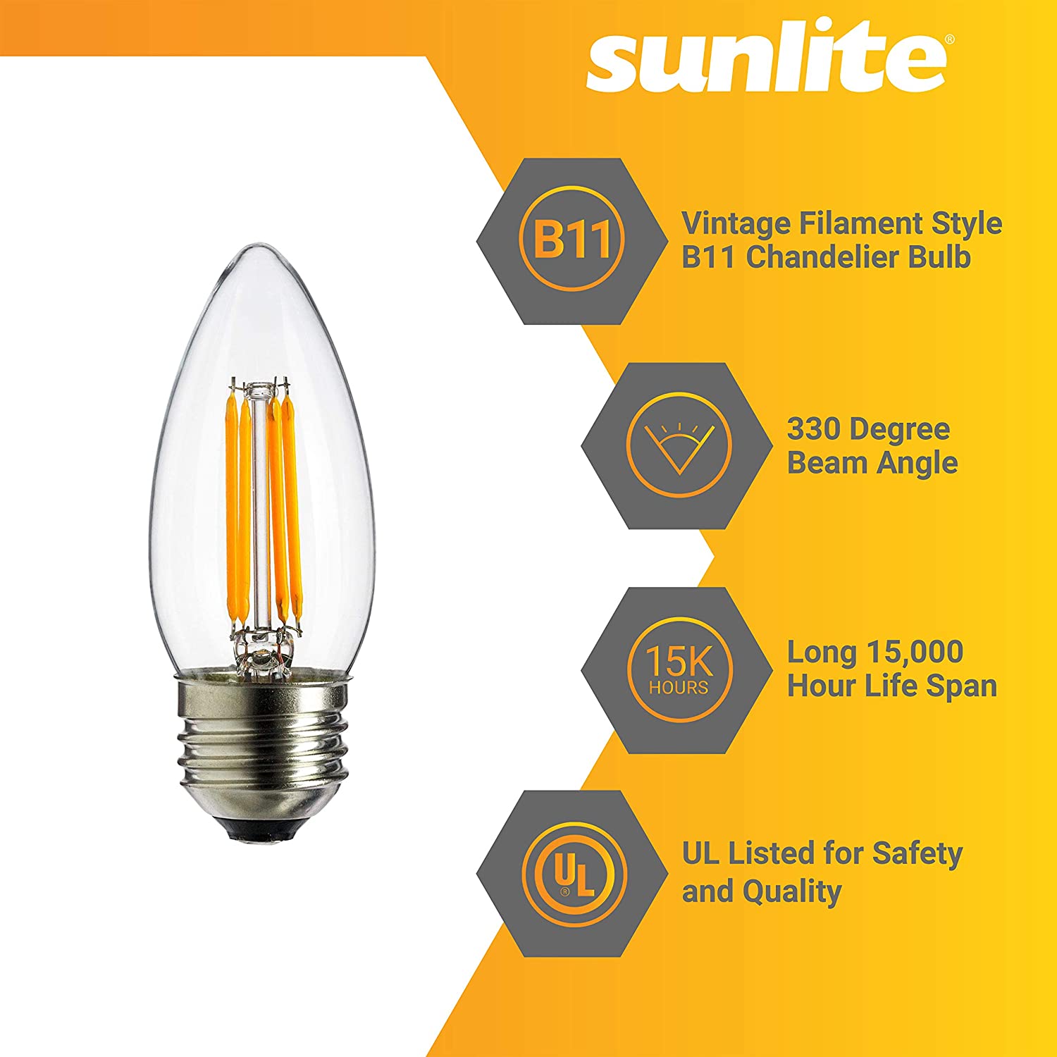 Sunlite LED Filament B11 Torpedo Chandelier Light Bulb, 5.5 Watts (60W Equivalent), Medium E26 Base, Dimmable, Clear, UL Listed, 90 CRI, 5000K Super White, 6-Pack